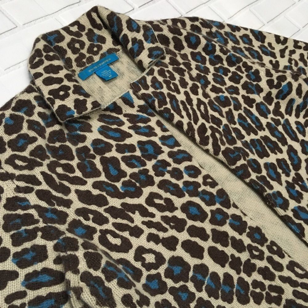 White + Warren Cashmere Leopard Print Cropped Cardigan Sweater | Size M - Picture 12 of 14